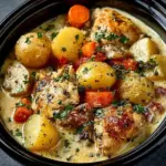 Slow cooker creamy garlic chicken with vegetables served in a bowl.