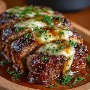 Delicious slow cooker French onion meatloaf served with gravy.