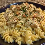 Slow cooker garlic parmesan chicken pasta topped with fresh herbs.