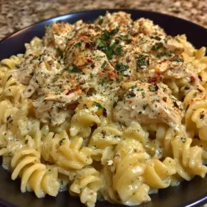 Slow cooker garlic parmesan chicken pasta topped with fresh herbs.