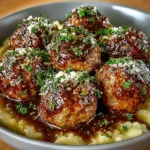 Slow cooker Salisbury steak meatballs served on a plate with gravy and mashed potatoes.
