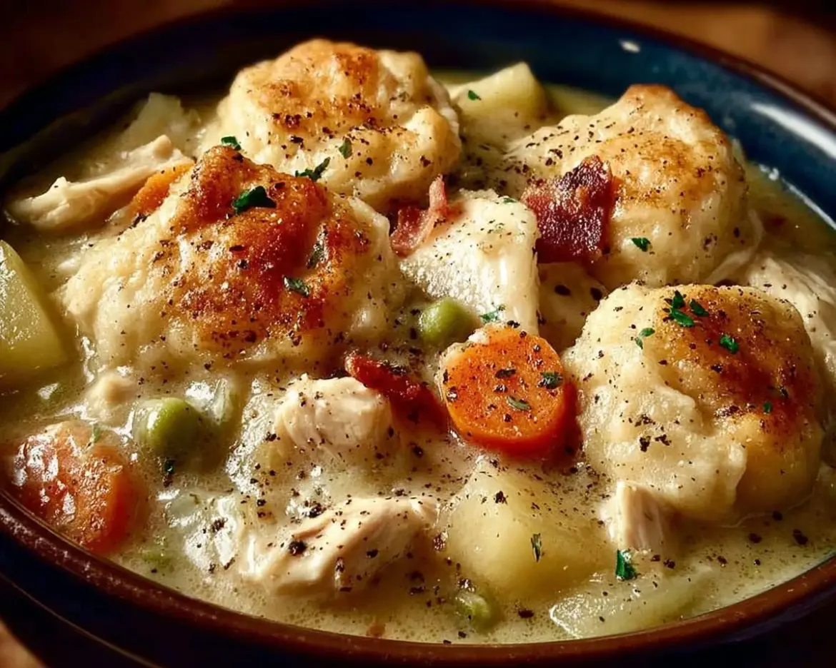 Delicious slowcooker chicken and dumplings in a bowl