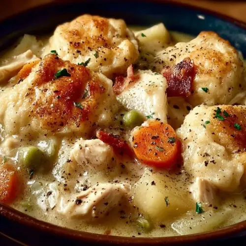 Delicious slowcooker chicken and dumplings in a bowl