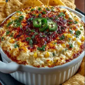 Bowl of Smoked Mexican Street Corn Dip garnished with cilantro and lime.