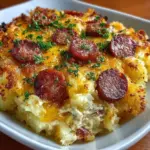 Delicious smoked sausage casserole with cheesy potatoes in a baking dish