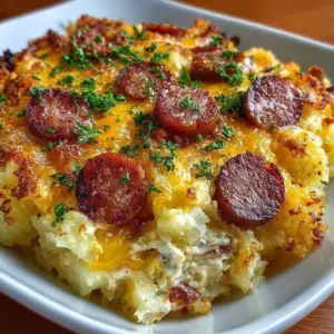 Delicious smoked sausage casserole with cheesy potatoes in a baking dish