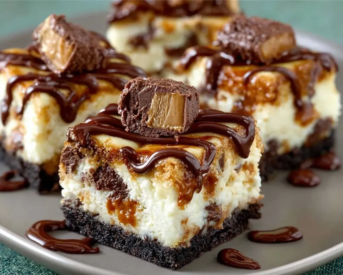Delicious Snickers cheesecake bars on an Oreo crust, topped with chocolate and caramel.