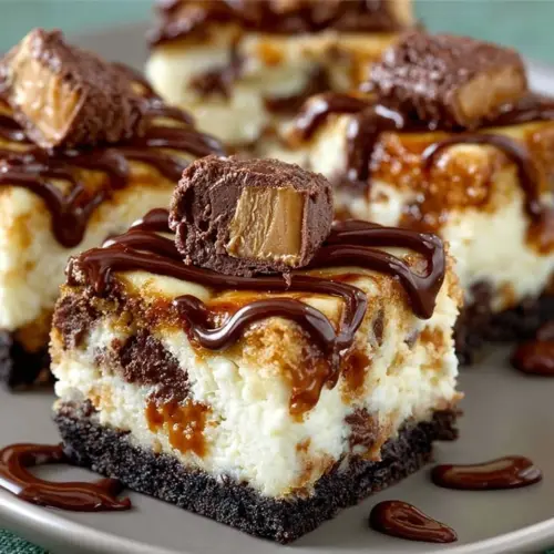 Delicious Snickers cheesecake bars on an Oreo crust, topped with chocolate and caramel.