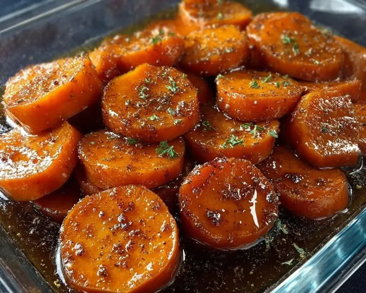 Delicious Southern candied sweet potatoes topped with a sweet glaze and spices.