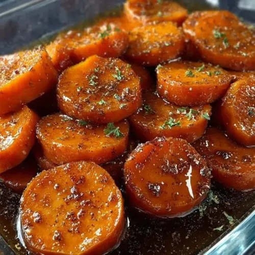 Delicious Southern candied sweet potatoes topped with a sweet glaze and spices.