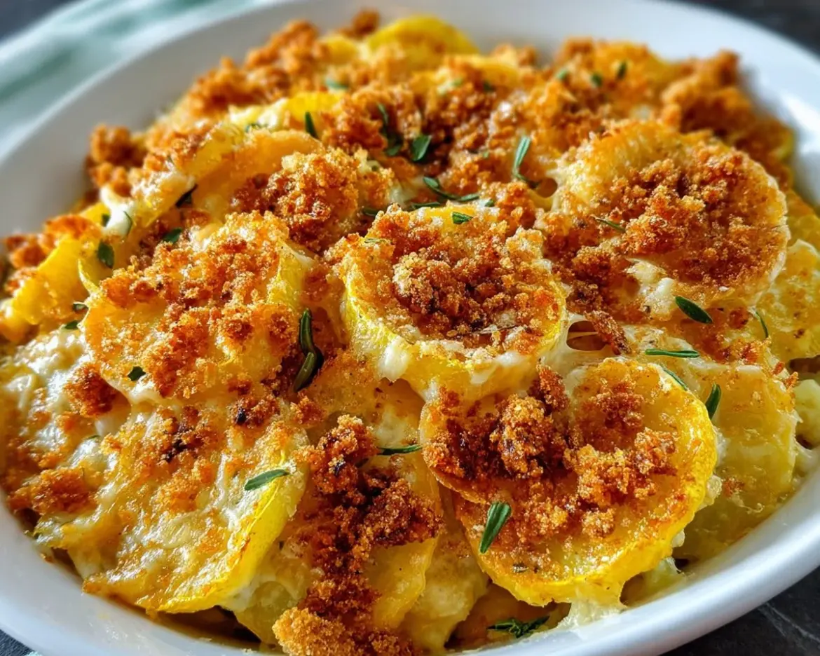 Delicious Southern squash casserole served in a baking dish