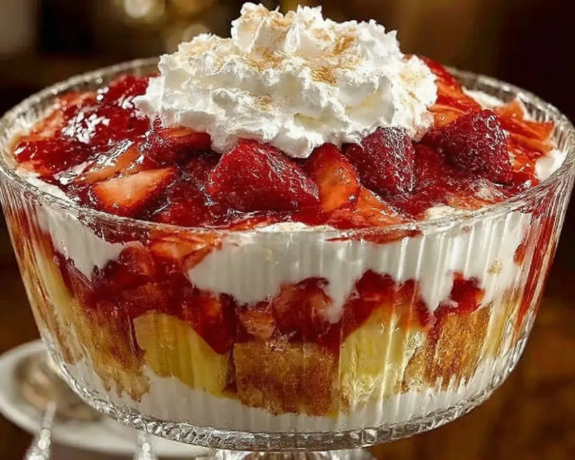 Delicious Southern Strawberry Pineapple Punch Bowl Cake topped with fresh strawberries.