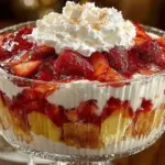 Delicious Southern Strawberry Pineapple Punch Bowl Cake topped with fresh strawberries.