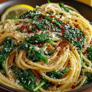 Plate of spaghetti with garlic and spinach garnished with herbs