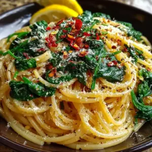 Plate of spaghetti with garlic and spinach, garnished with parmesan cheese.
