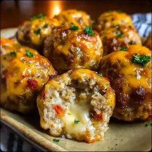 Spicy cream cheese sausage balls with Rotel served on a platter