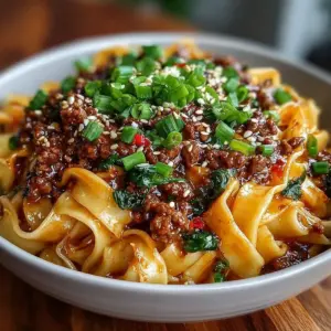 Spicy garlic beef noodles served in a bowl with fresh herbs and spices