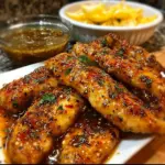 Plate of spicy honey butter garlic chicken tenders with garnishes