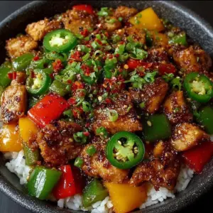 Spicy jalapeño chicken stir-fry served with vibrant vegetables