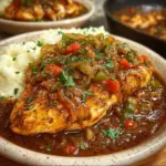 Plate of spicy Southern chicken served with rich gravy and side dishes.