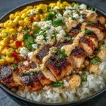Spicy Street Corn Chicken Rice Bowl with vibrant corn, chicken, and rice served in a bowl