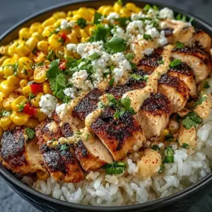 Spicy Street Corn Chicken Rice Bowl with vibrant corn, chicken, and rice served in a bowl