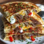 Steak Quesadillas filled with cheese, grilled to perfection and garnished.