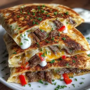 Steak Quesadillas filled with cheese, grilled to perfection and garnished.