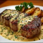 Steak topped with luscious garlic cream sauce on a white plate