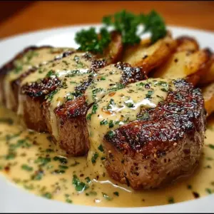 Steak topped with luscious garlic cream sauce on a white plate