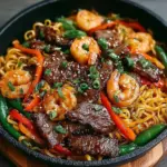Stir-fried steak and shrimp served with noodles in a vibrant dish