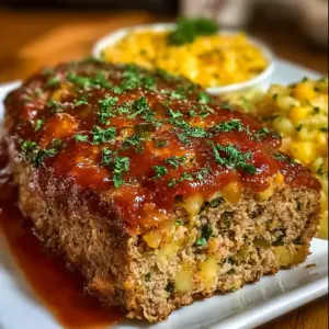 Stove Top Stuffing Meatloaf served with vegetables on a plate