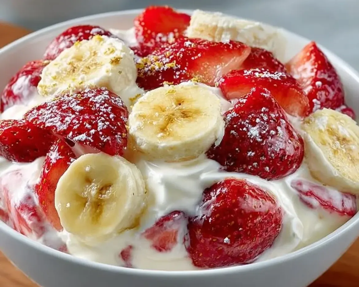 Strawberry Banana Cheesecake Salad topped with fresh strawberries and bananas