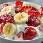 Strawberry Banana Cheesecake Salad topped with fresh strawberries and bananas