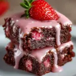 Strawberry brownies with pink glaze on a white plate