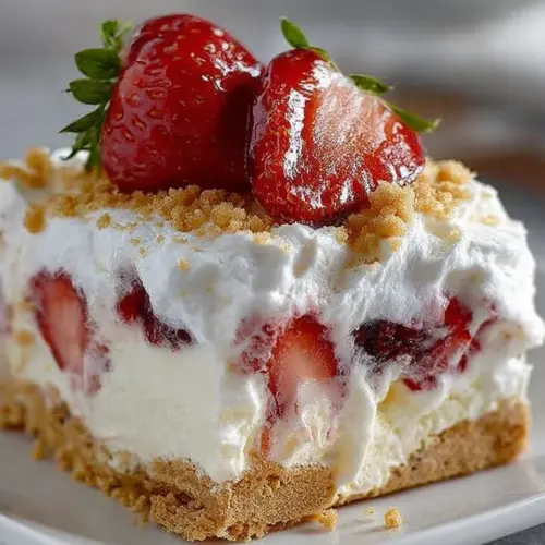 Delicious strawberry cheesecake lush dessert with fresh strawberries and creamy layers