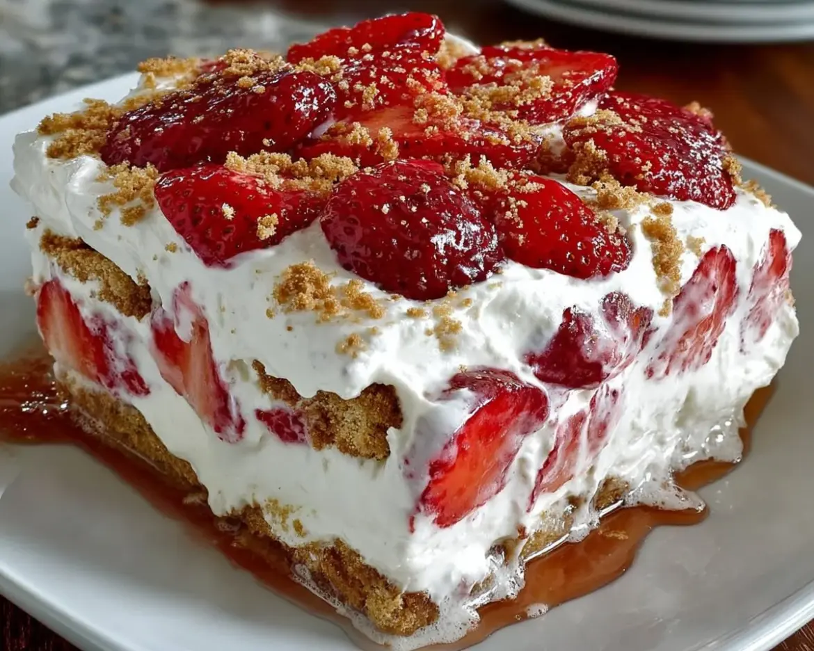 Delicious Strawberry Cream Cheese Icebox Cake layered with fresh strawberries and cream cheese.