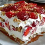 Delicious Strawberry Cream Cheese Icebox Cake layered with fresh strawberries and cream cheese.
