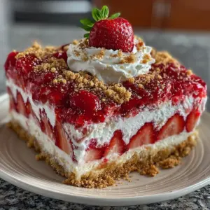 Delicious strawberry crunch poke cake with crunchy topping and fresh strawberries