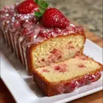 Freshly baked strawberry pound cake with sliced strawberries on top