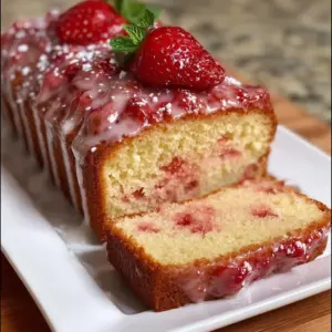 Freshly baked strawberry pound cake with sliced strawberries on top