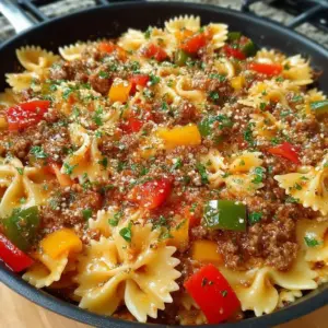 Bowl of stuffed pepper pasta topped with cheese and herbs