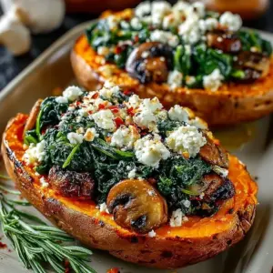 Stuffed sweet potatoes filled with spinach, mushroom, feta, and rosemary