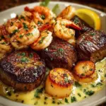 Plate of surf and turf with creamy garlic butter sauce seafood and steak
