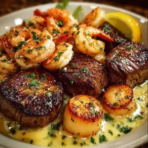 Plate of surf and turf with creamy garlic butter sauce seafood and steak