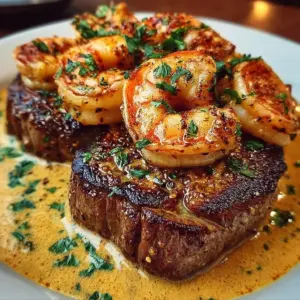 Surf and Turf featuring juicy steak and creamy Cajun shrimp sauce