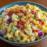 Bowl of Sweet Amish Macaroni Salad with colorful vegetables and creamy dressing
