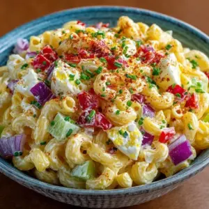 Bowl of Sweet Amish Macaroni Salad with colorful vegetables and creamy dressing