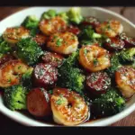 Sweet honey-glazed shrimp with sausage and broccoli on a plate