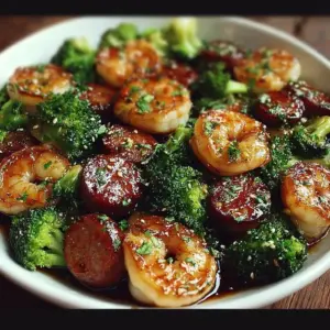 Sweet honey-glazed shrimp with sausage and broccoli on a plate